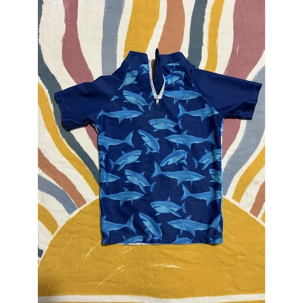 Boys Blue Shark Graphic Print Short Sleeve Rash Guard Swim Shirt 4T Poly/Sp